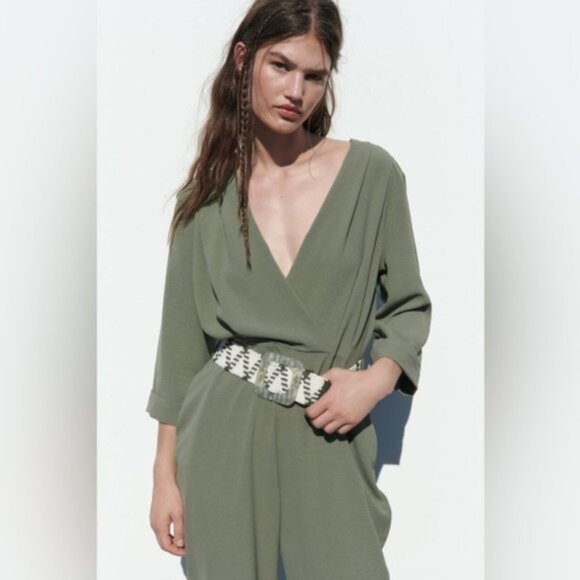 New With Tag Zara Belted Straight Leg Jumpsuit Khaki Size S - Picture 4 of 13